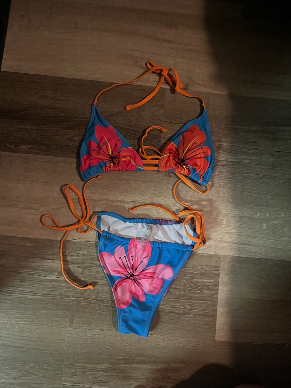 SHEIN Blue Bikini Set with Pink and Purple Floral and Orange Ties